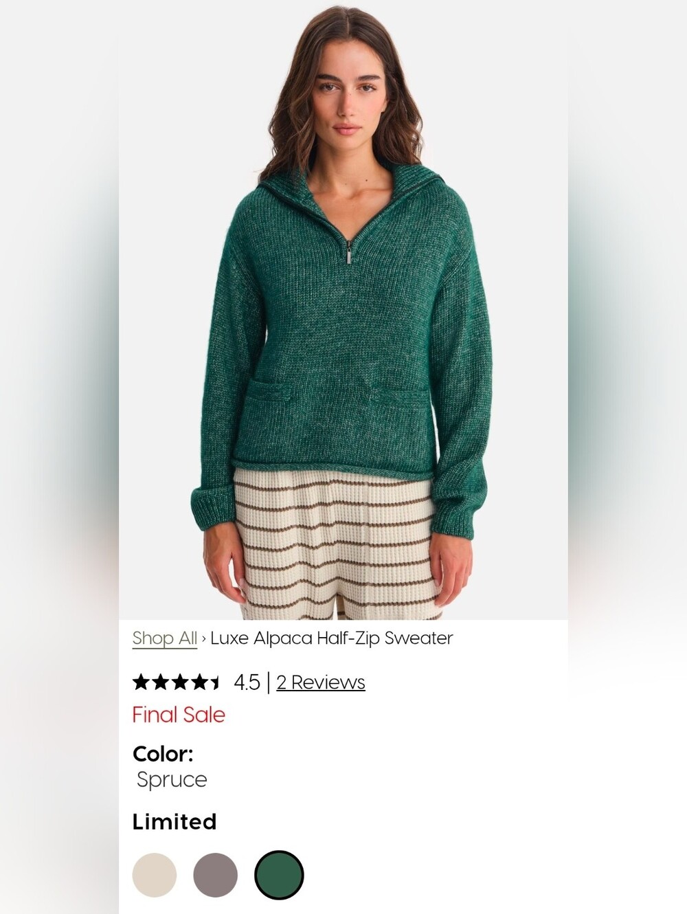 Mate The Label Luxe Alpaca Half-Zip Sweater Spruce sz Small